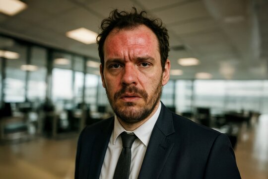 Stressed businessman with flushed face in open office, burnout, fatigue and workplace pressure concept.