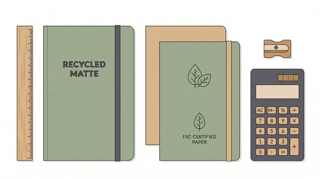 Eco-friendly stationery set, sustainable office supplies, recycled matte notebooks, FSC certified paper notepads, green desk accessories for environmental awareness.