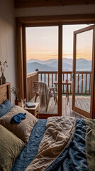 Fototapeta premium Peaceful and inviting bedroom with cozy bed, warm wooden furnishings, and private balcony overlooking majestic, layered mountain peaks at sunrise or sunset.
