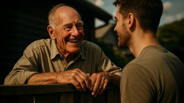 Smiling senior man talking with younger adult outdoors, warm family conversation and mentoring moment in natural light.