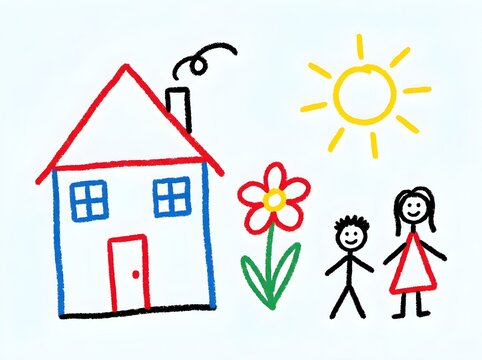 Child's colorful crayon drawing of a happy family, house, flower, and sun on a white background.