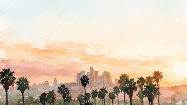 Watercolor landscape aerial view from Hollywood hills framing Los Angeles skyline with palm tree silhouettes at sunset