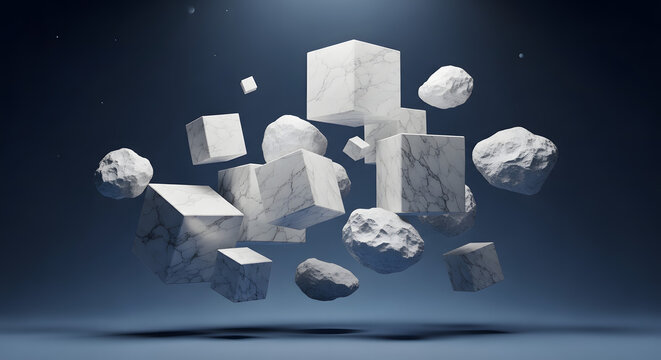 Floating marble cubes and rough stones in zero gravity space