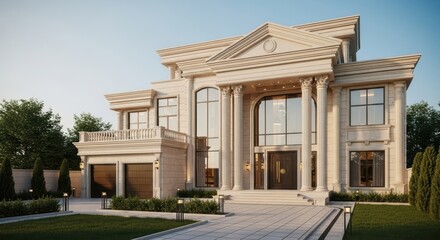 Fototapeta premium A majestic modern villa features symmetrical cream marble architecture, elegant golden trims, reflective windows, and a columned entrance, high-end, glass, estate