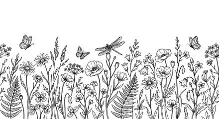 Fototapeta premium Hand-drawn wildflower meadow border, black and white floral line art with butterflies, botanical garden sketch for wedding stationery