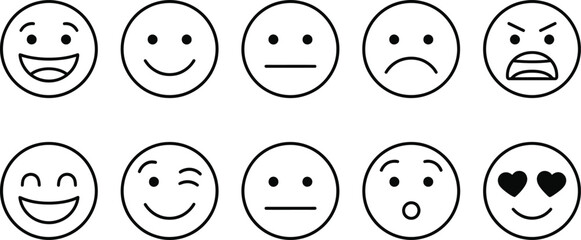 Fototapeta premium Emoji line icon set with facial expressions on white background