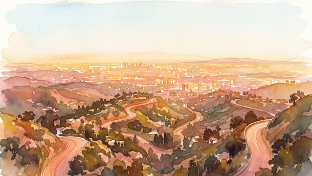 High angle watercolor illustration of winding Hollywood hills roads and Los Angeles urban sprawl at golden hour