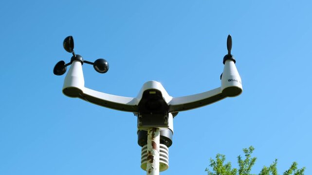 Modern wireless weather station. There are sensors of temperature and humidity, Wind speed and direction, Rain gauge and snow sensors. Solar panel. Meteorological equipment, smart home technology. 4K.