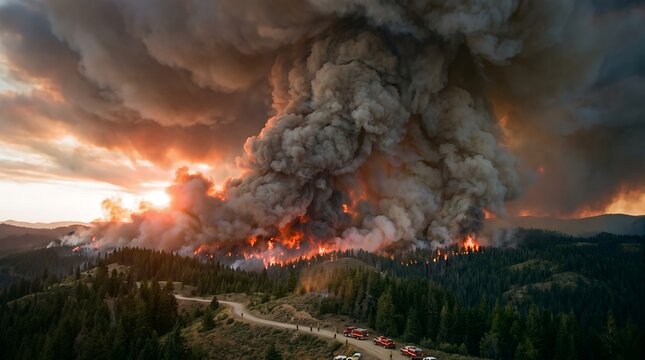 Massive forest wildfire releasing huge plumes of smoke and carbon into the atmosphere
