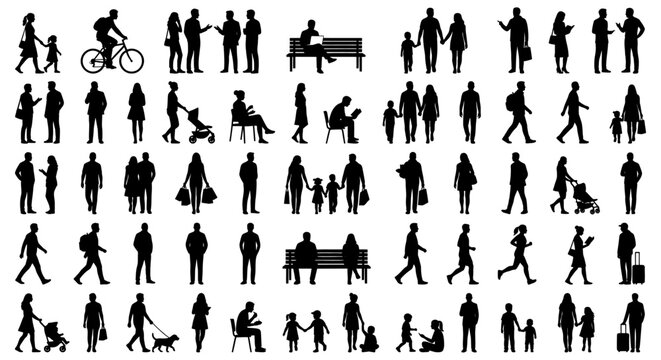 Black silhouette people collection, diverse crowd of walking and standing human figures, urban pedestrian set for architectural visualization