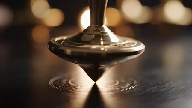 A gleaming golden spinning top poised on its point, creating ripples in a dark liquid.