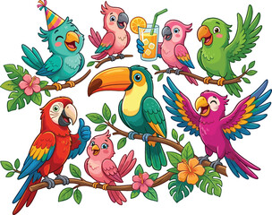 Cute cartoon tropical birds set with colorful parrots, macaws and toucan on jungle branches, funny exotic summer characters vector illustration isolated on white. © Rumi