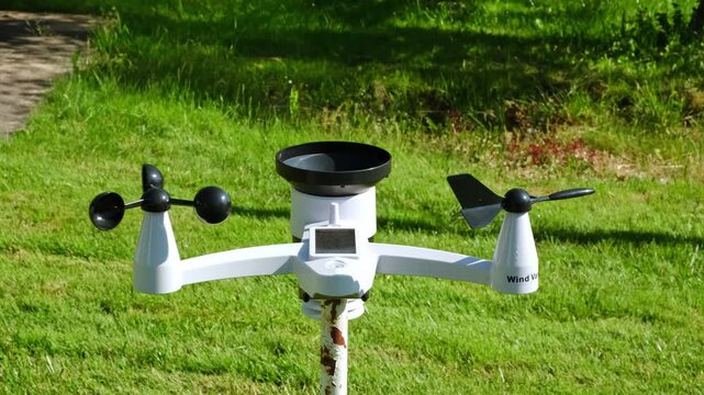 Modern wireless weather station. There are sensors of temperature and humidity, Wind speed and direction, Rain gauge and snow sensors. Solar panel. Meteorological equipment, smart home technology. 4K.