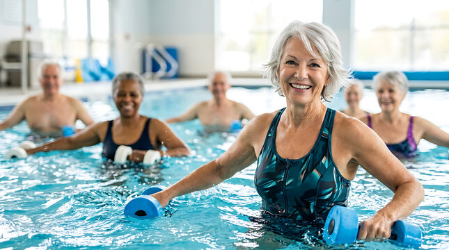 Elderly women engaging in water therapy exercise in indoor pool promoting health and social interaction