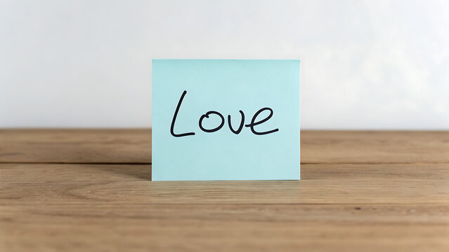 Handwritten love note on sticky paper for Valentine's Day. Romantic message card on wooden table for wedding or anniversary celebration.