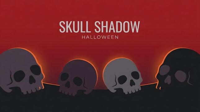 Four dark skulls in a row with glowing orange outlines against a deep red background, halloween desi