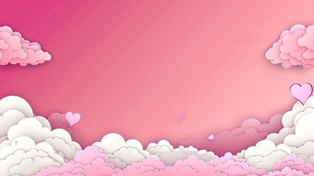 A Dreamy Pink Sky Scene with Fluffy White Clouds and Tiny Floating Hearts