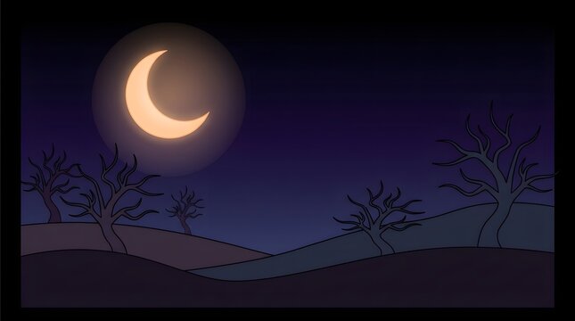 Crescent moon glowing over dark rolling hills with bare leafless trees in a night landscape d