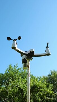 Modern wireless weather station. There are sensors of temperature and humidity, Wind speed and direction, Rain gauge and snow sensors. Solar panel. Meteorological equipment, smart home technology. 4K.