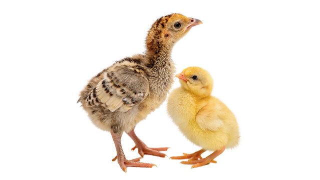 Two small cute newborn ducklings standing together isolated on transparent background for easter celebrate