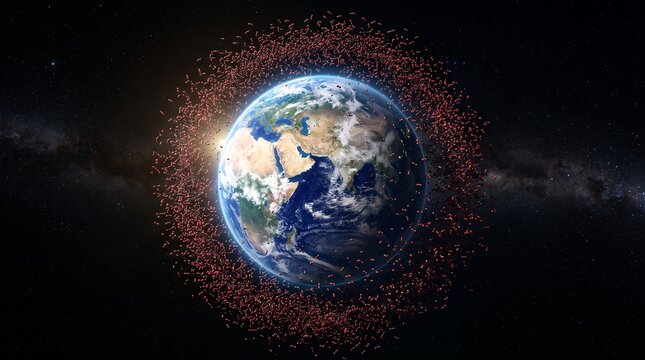Scientific visualization of billions of floating CO₂ molecules surrounding Earth&rsquo;s atmosphere
