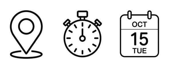 Fototapeta premium Location pin icon set, map marker, calendar, stopwatch, timer, event schedule, GPS navigation, black line symbols, vector illustration.