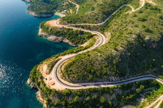 Greece, aerial view of coastal road at Igoumenitsa