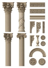 Fototapeta premium Classical Architectural Elements Set with Corinthian Columns, Moldings, and Decorative Ornaments Isolated on White