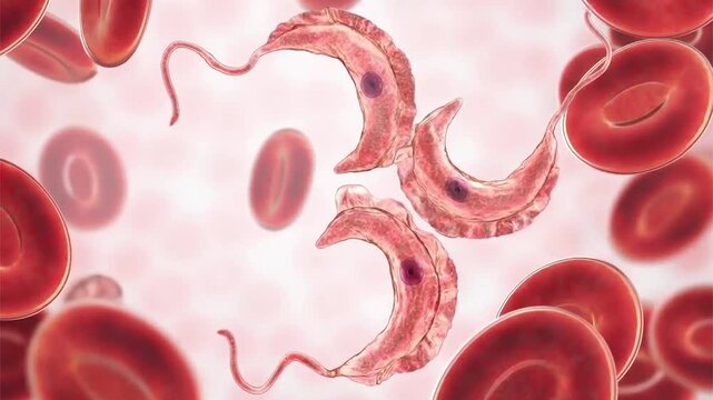 Trypanosoma brucei parasites, 3D animation showing slowly rotating flagellated protozoa with undulating membrane, illustrating African trypanosomiasis.