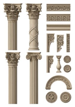 Classical Architectural Elements Set with Corinthian Columns, Moldings, and Decorative Ornaments Isolated on White