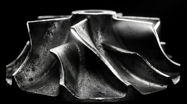 Curved vanes of a stainless steel centrifugal pump impeller in dramatic black and white
