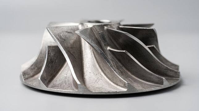 Curved vanes of a stainless steel centrifugal pump impeller on a light grey background