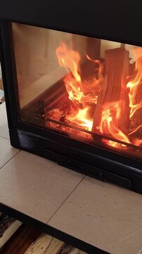 Bright flames rise around wooden logs behind the fireplace glass in a modern interior. The scene connects cozy home design, seasonal warmth, fuel costs, relaxation, and family comfort.
