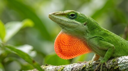 Fototapeta premium Green Anole lizard with vibrant red dewlap extended, tropical Carolina Anole reptile on tree branch, exotic lizard in lush jungle habitat
