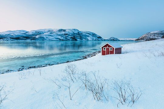 Coastal landscape with red hut in winter, Lebesby, Lakse Fjord, Norway