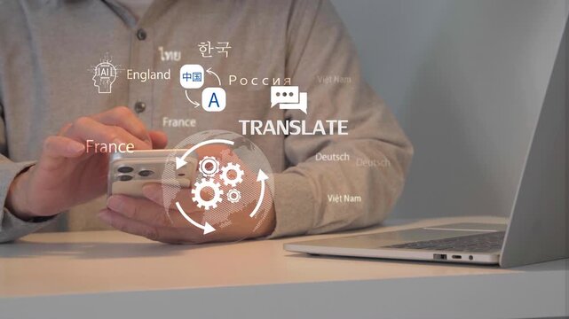 Person using a smartphone with multilingual translation interface beside a laptop, illustrating AI language processing, communication, localization, education, travel, and international business.