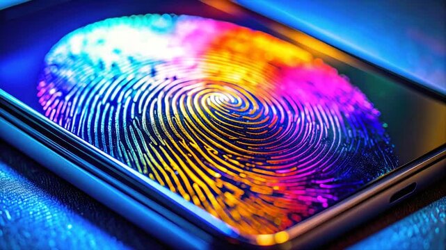 A vibrant, colorful fingerprint displayed on a phone screen, surrounded by a blue hue