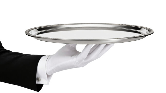 Waiter hand holding silver tray isolated on transparent background.
