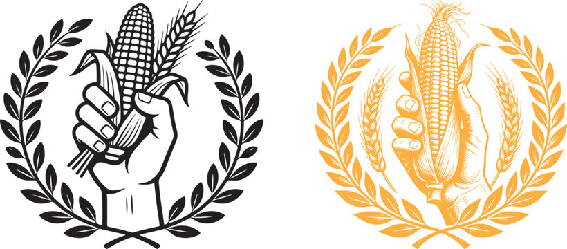 Vector emblems of hand holding corn cob and wheat stalk with laurel wreath for agricultural logo design