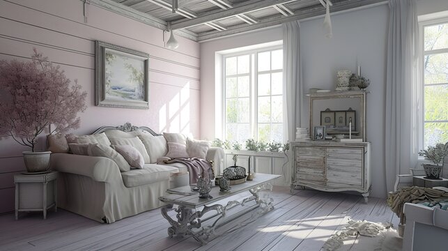 Bright airy living room featuring vintage white furniture, large windows, and soft natural light