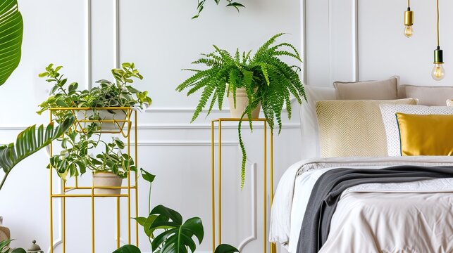 Bright Bedroom Corner with White Paneled Walls and Lush Indoor Plants