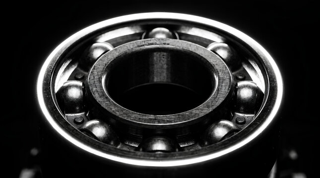 Open race of a deep groove ball bearing with steel balls in dramatic black and white