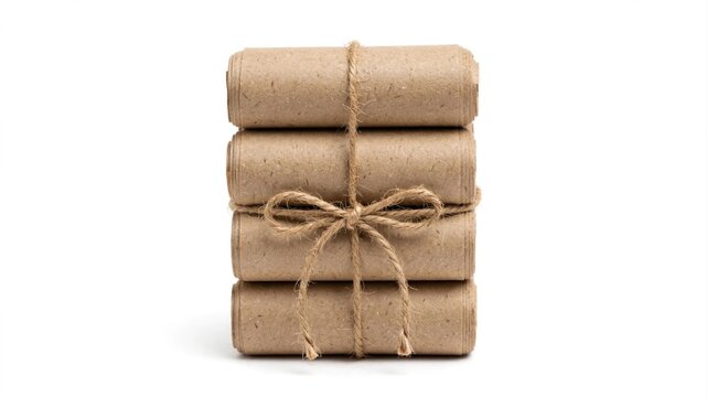 Four rustic books wrapped in brown kraft paper and tied with natural twine stacked vertically on a clean white background under soft studio lighting.
