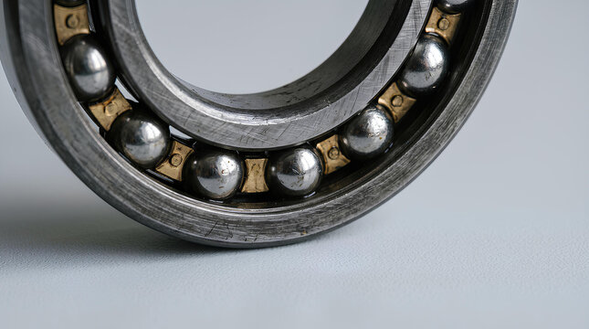 Open race of a deep groove ball bearing with steel balls on a light grey background