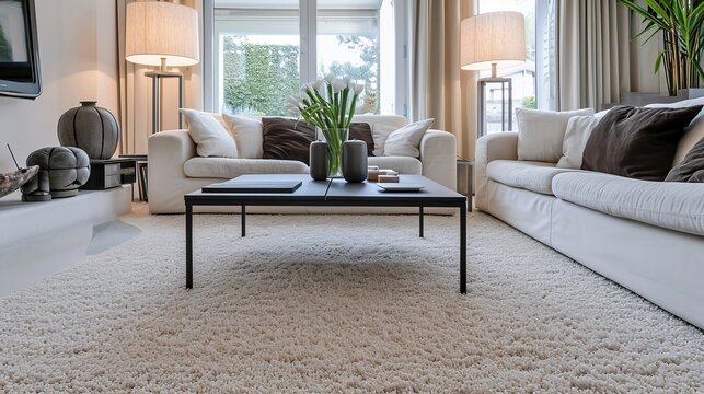Bright contemporary living room with neutral tones, large windows and cozy seating arrangement