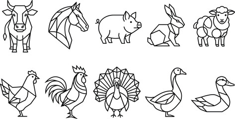 Naklejka premium Geometric Farm Animals Vector Icon Set with Minimalist Line Art Illustrations of Cow Horse Pig Sheep Poultry and Birds for Logo Designs