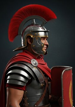 Ancient Roman Centurion Soldier in Full Armor with Red Plumed Helmet and Shield, Historical Reenactment Portrait