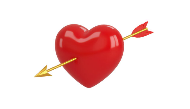 Red heart shape pierced by a golden arrow 3d render