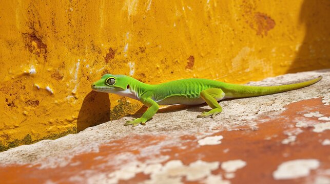 Bright Green Lizard Walking Across Multicolored Desert Rocks in Bright Sunlight