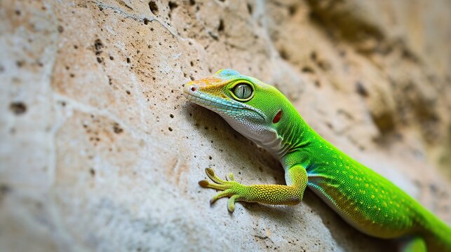 Bright green gecko perched on a rough beige rock surface gripping the wall